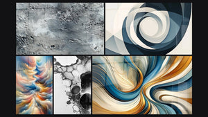 Mozaïek van vijf schilderijen, waaronder Abstract zilverkleurig grijs textuur, Resonantie van Hemelse Tinten en Vortex Azuur