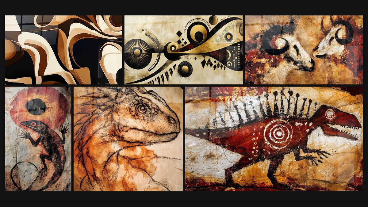 Mosaico di sei quadri, tra cui Forme Africane Danza delle Sabbie e Motivi Africani Eco della savana