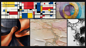 Mosaic of five paintings, including Geometric Composition, Sculptural Momentum Copper and Concentric Colored Circles