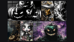 Mosaïque de six tableaux, dont Citrouilles Sourires Ténébreux et Femme Mystérieuse Magie Noire et Or