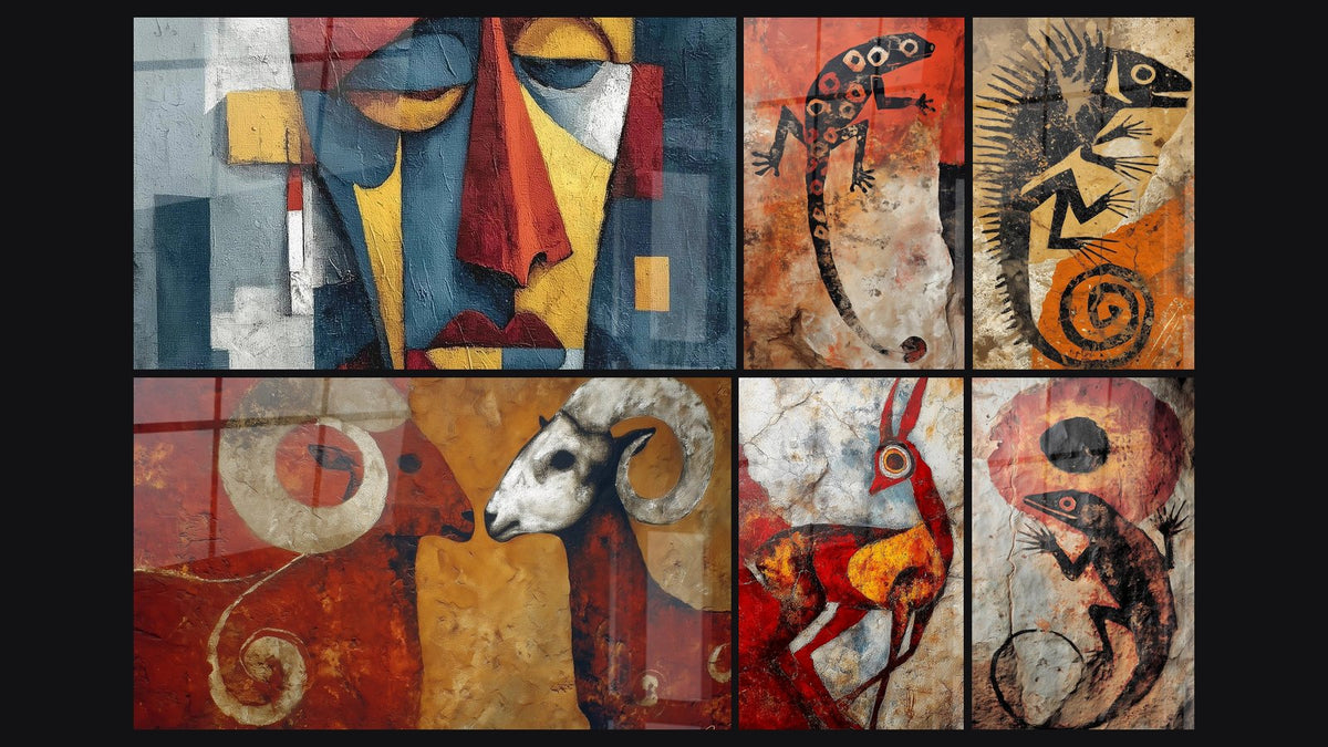 Mosaik aus sechs Gemälden, darunter Widder mit Spiralhörnern, Stilisierte Eidechse und Stilisierte rote Antilope