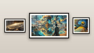 Pared de galería con tres cuadros enmarcados: Cosmos místico, Hombre Sombrero Cosmos Remolino y Galaxia espiral cósmica