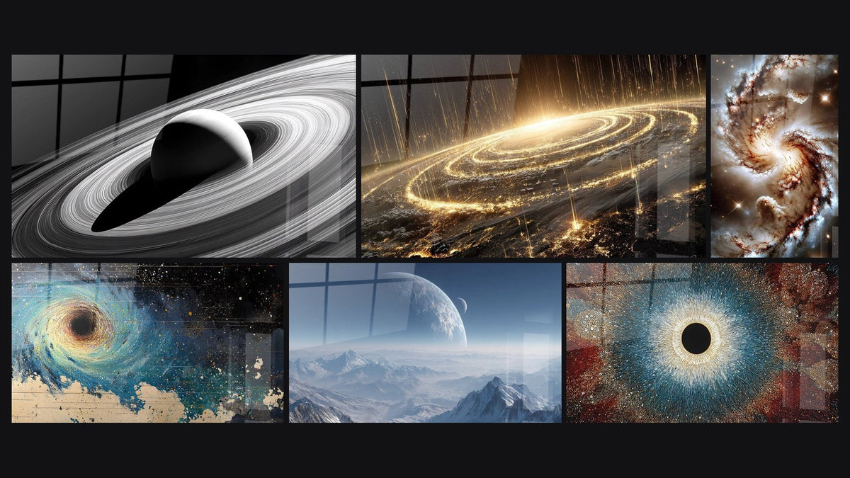 Mosaico di sei quadri, tra cui Galassia a spirale di, Nero cosmico e Pianeta extraterrestre
