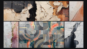Mosaic of five paintings, including Grey and Coral Circles Intertwined and Glacier Crevasse Wall Art Grey and Black
