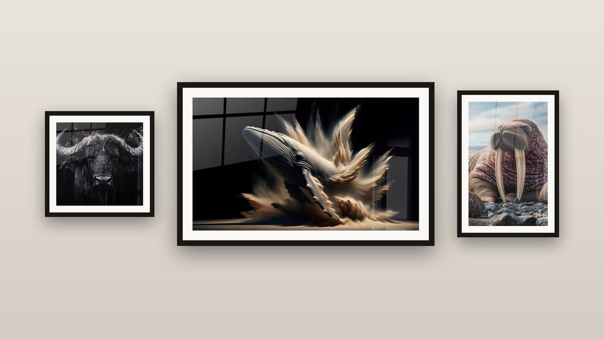 Mur de galerie avec trois tableaux encadrés : Buffle âme indomptée, Morse N°3 et La baleine d'Elise