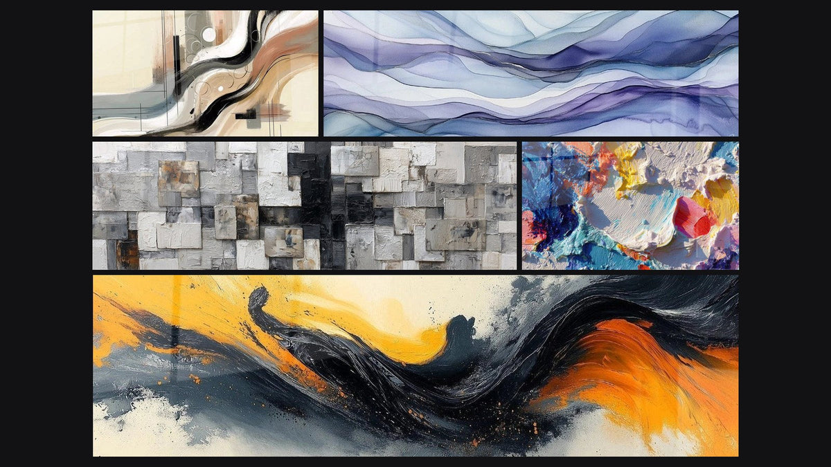 Mosaik aus fünf Gemälden, darunter Sillage Abstrakt und Kunstbild Träumerische Wellen Heliotrop