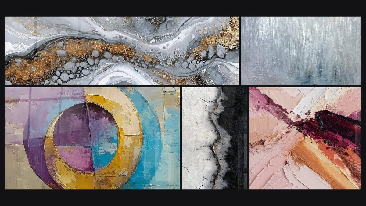Mosaico de cinco cuadros, entre ellos Abstracto Fluido Gris y Oro y Círculos concéntricos coloridos