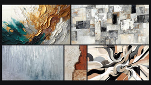 Mosaico de cinco cuadros, entre ellos Trazos en Oro y Jade, Abstracto Mosaico Gris y Beige y Vibraciones Gráficas