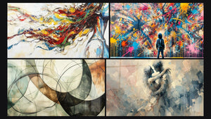Mosaïque de quatre tableaux, dont Muse Moderne, Les Liens Invisibles et Éclats de Peinture