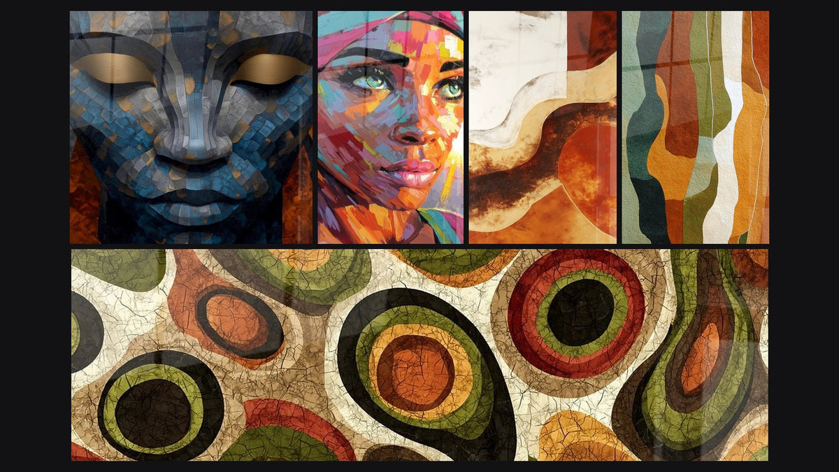 Mosaic of five paintings, including Revered Ancestor Face, Colored Circles and Undulating Forms