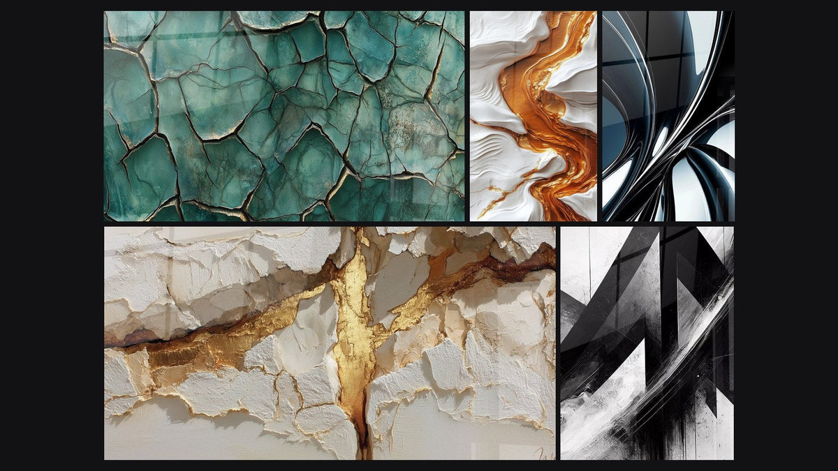 Mosaik aus fünf Gemälden, darunter Erde Gebrochen, Metallische Spiraltafel verchromt und Zerbrochene Trajektorien