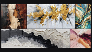 Mosaico de cinco cuadros, entre ellos Explosión dorada sobre fondo blanco y gris y Laberinto Mineral