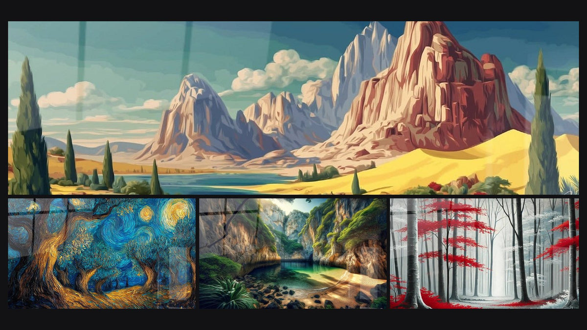 Mosaico de cuatro cuadros, entre ellos Paisaje desierto, Árbol cósmico y Oasis Escondido en Plena Naturaleza