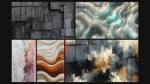 Mosaico de cinco cuadros, entre ellos Ondas Fluidas Tierra y Cobre, Caos Organizado y Ondas Centelleantes