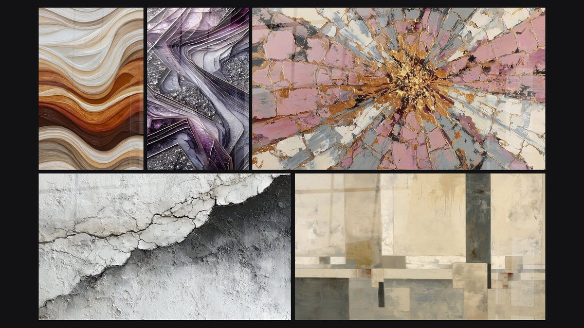 Mosaic of five paintings, including Textured Wall Art Cracked White and Grey and Beige and Gray Geometric Composition