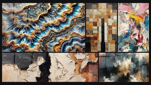 Mosaico de cinco cuadros, entre ellos Marea Dorada, Explosión de colores y Caos Organizado