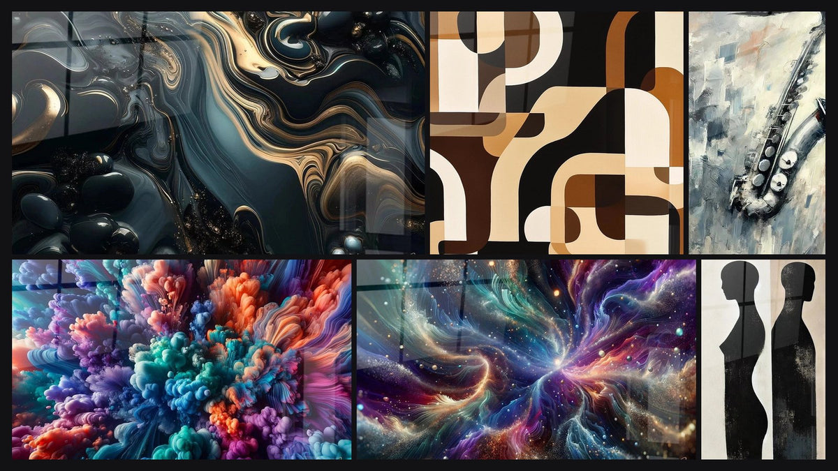 Mosaico de seis cuadros, entre ellos Misterio de las Profundidades y Abstracto Africano Ecos del Sahel