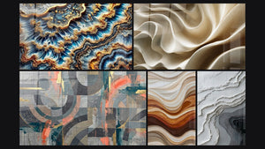 Mosaico de cinco cuadros, entre ellos Marea Dorada, Círculos grises y coral entrelazados y Ondas Fluidas Tierra y Cobre