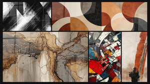 Mosaico de cinco cuadros, entre ellos Puntos de Convergencia y Revolución Arquitectónica Moderna