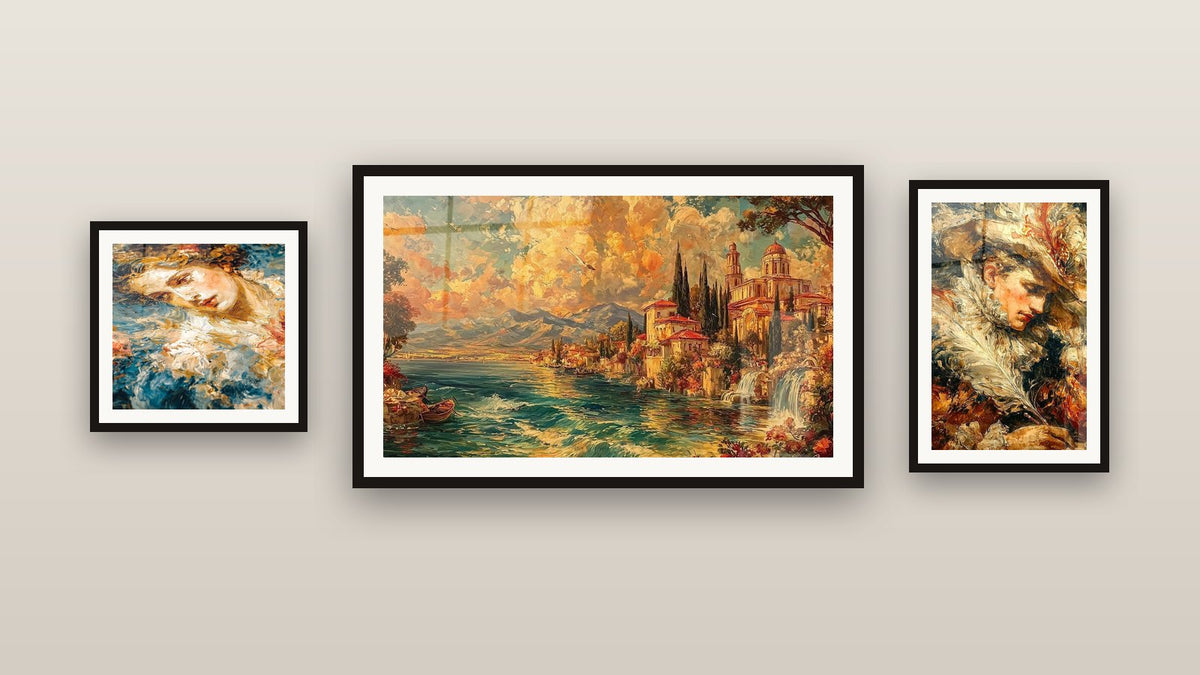 Parete galleria con tre quadri incorniciati, tra cui Paesaggio Mediterraneo Cipresso Eterno e Volto Reverie Ocra