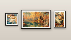 Mur de galerie avec trois tableaux encadrés, dont Paysage Méditerranéen Cyprès Éternels et Visage Révérie Ocre