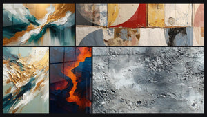 Mosaico de cinco cuadros, entre ellos Luz de las Profundidades, Flujo y Retroceso Dorado y Sangre de la tierra