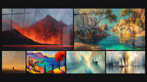 Mosaïque de six tableaux, dont Éruption volcanique, Silhouette solitaire dans le désert et Village méditerranéen coloré