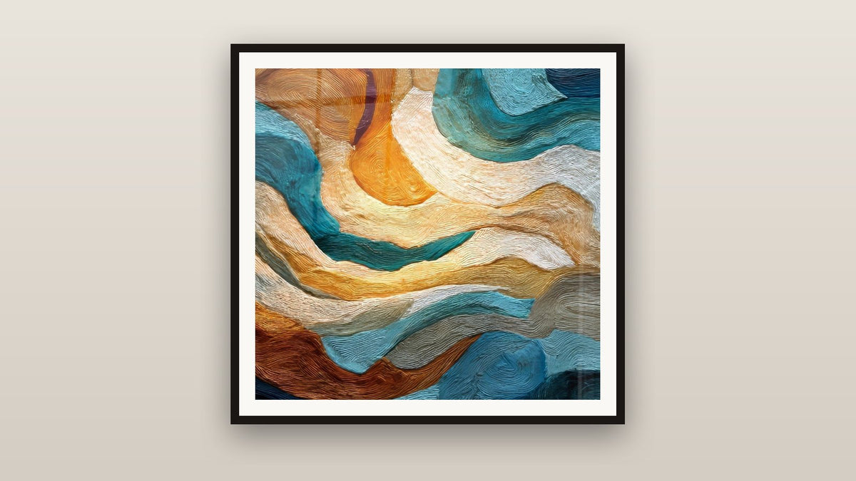Framed painting on a wall: Golden and turquoise fluid waves