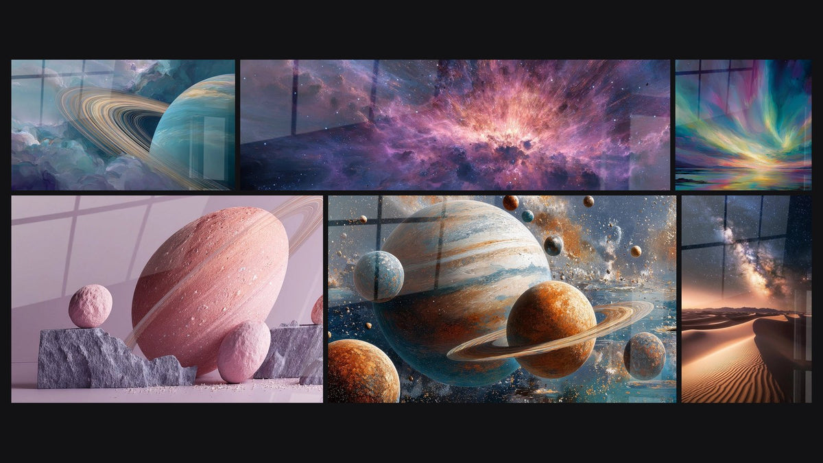 Mosaic of six paintings, including Saturn Planet, Pink Planet with Rings and Cosmic Nebula
