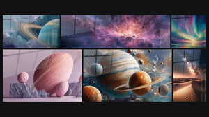 Mosaico de seis cuadros, entre ellos Planeta saturno, Planeta rosa con anillos y Nebulosa cósmica
