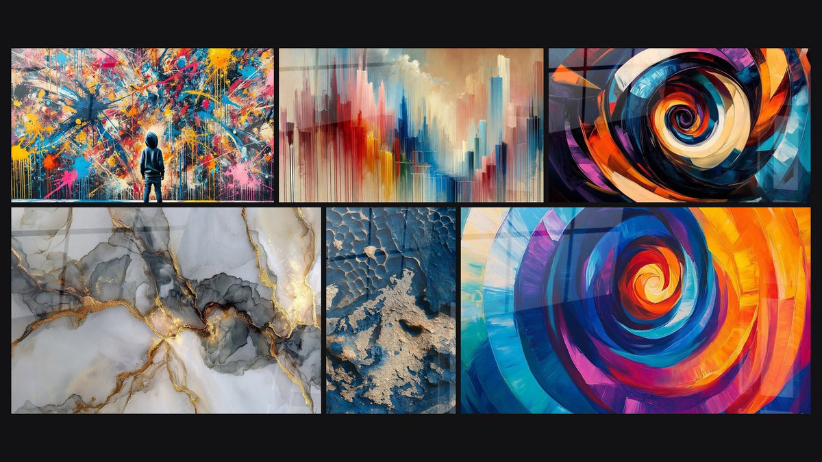 Mosaic of six paintings, including Paint Bursts, Breath of Colors and Azure Bark