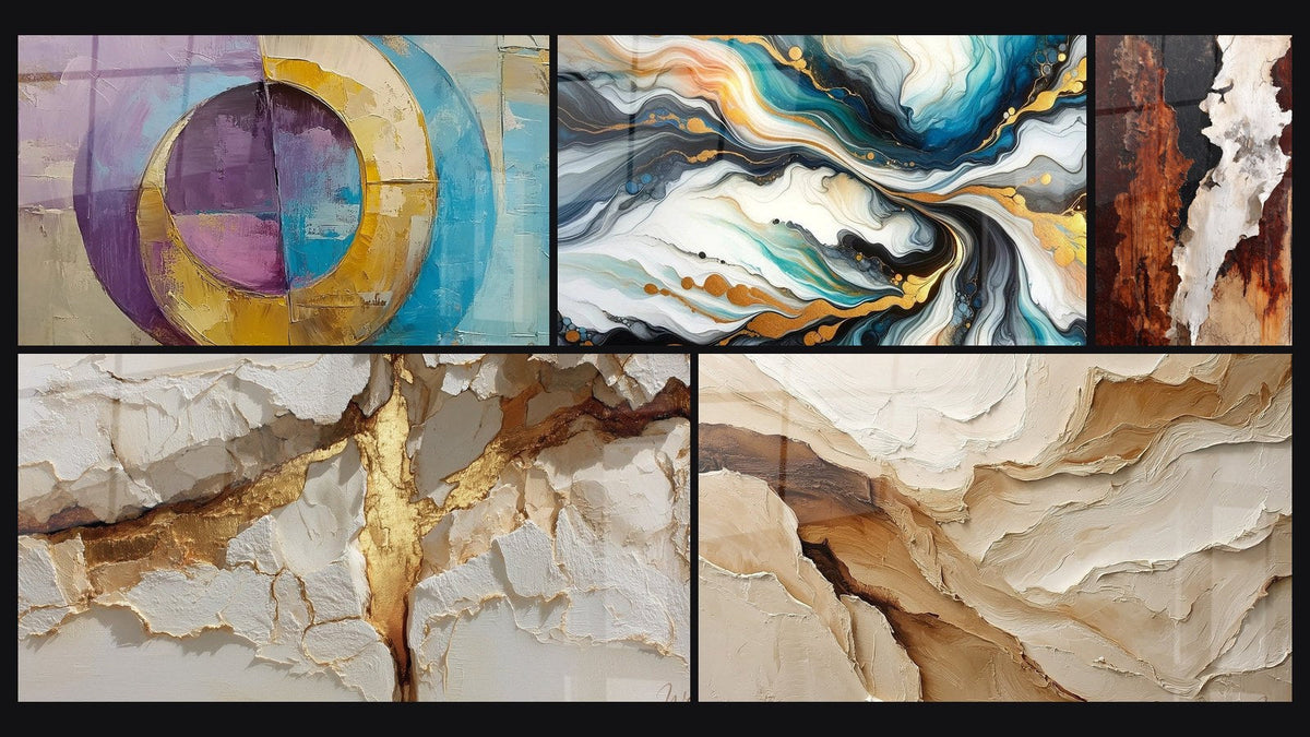 Mosaic of five paintings, including Concentric Colored Circles, Colorful Currents and Abstract Beige and Earth