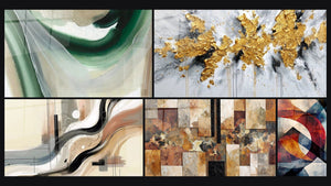 Mosaico de cinco cuadros, entre ellos Seda Esmeralda, Sillage Abstracto y Formas geométricas circulares
