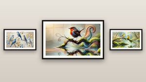 Gallery wall with three framed paintings: Whispers of the Wind, Morning Song and Rest of the Wings