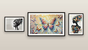 Gallery wall with three framed paintings: Queen of Wings, Butterflies of Oblivion and Floral Melody