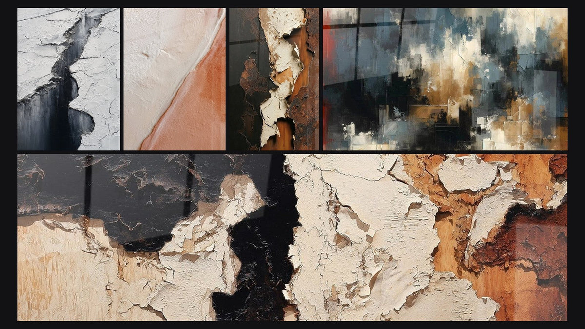 Mosaïque de cinq tableaux, dont Crevasse Glaciaire Gris et Noir, Diagonale texturée blanc cassé et brique et Chaos Organisé