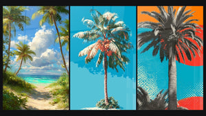 Mosaico de tres cuadros, entre ellos Palmera negra sobre sol naranja y azul