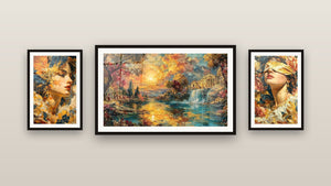 Mur de galerie avec trois tableaux encadrés : Femme Parure Dorée, Femme Yeux Clos et Paysage Temple Éternel