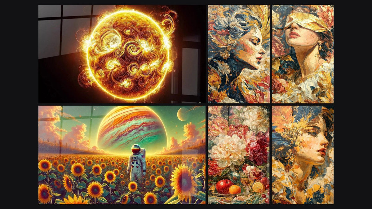 Mosaïque de six tableaux, dont Gardien de la Lumière, Espace N°4 et Femme Beauté Intemporelle