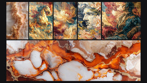 Mosaïque de six tableaux, dont Cheval Force Élémentaire, Fleurs Métamorphose Solaire et Statue Âme Florale