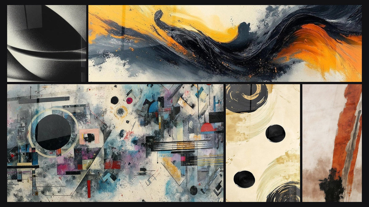 Mosaico de cinco cuadros, entre ellos Esfera abstracta, Composición abstracta geométrica y Equilibrio Esfera Negra