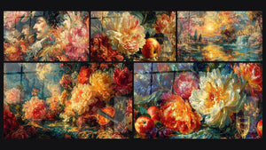 Mosaïque de cinq tableaux, dont Nobles Rêverie Somptueuse, Nature morte Abondance Rayonnante et Fleurs Sonates Cramoisies