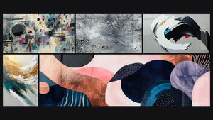 Mozaïek van vijf schilderijen, waaronder Abstract geometrische compositie en Abstract zilverkleurig grijs textuur