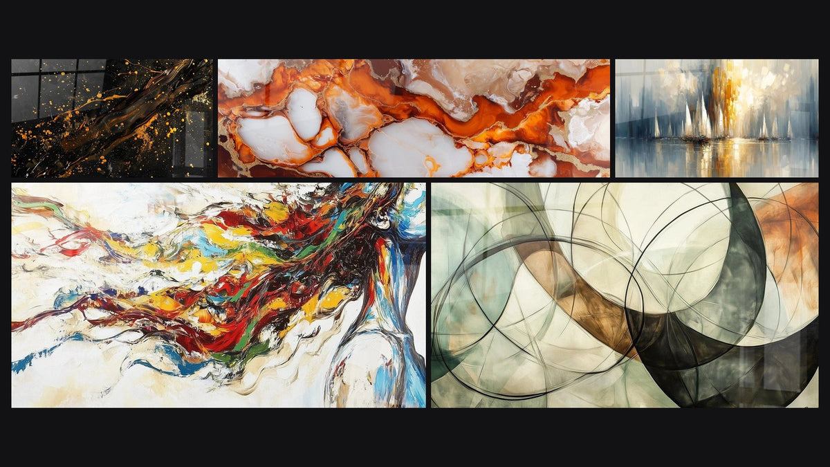 Mosaico di cinque quadri, tra cui Alba sulla Baia, Muse Moderna e I Legami Invisibili
