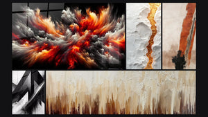 Mosaico de cinco cuadros, entre ellos Tormenta Solar Abisal y Grieta dorada serpentina en relieve blanco