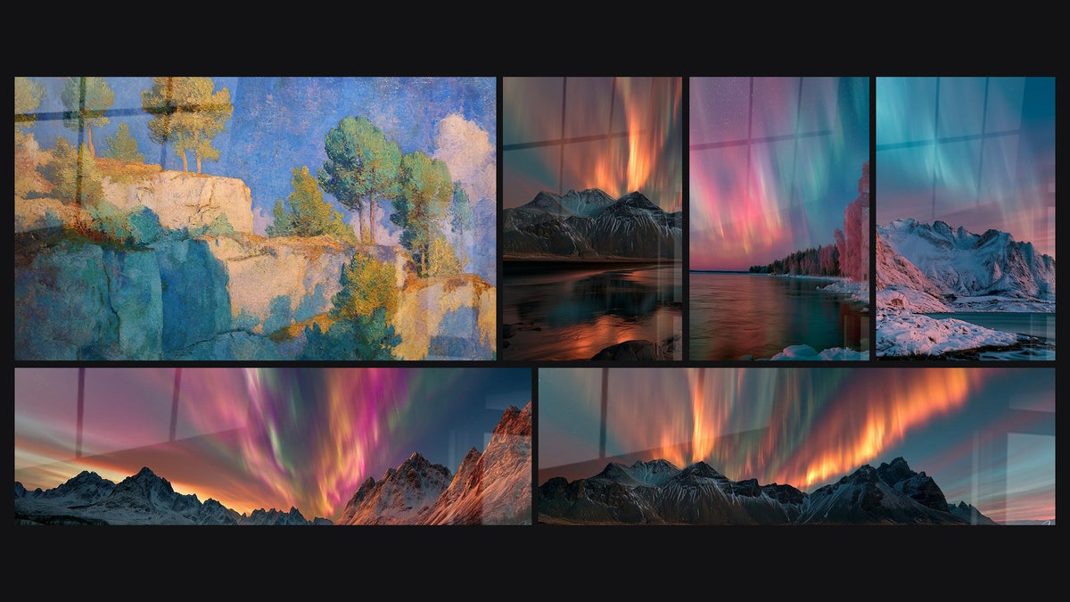 Mosaico de seis cuadros, entre ellos Acantilados mediterráneos y Picos nevados con tonos magenta y dorados