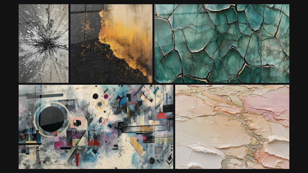 Mosaico de cinco cuadros, entre ellos Composición abstracta geométrica y Abstracto texturizado beige rosa dorado