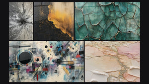 Mosaico de cinco cuadros, entre ellos Composición abstracta geométrica y Abstracto texturizado beige rosa dorado