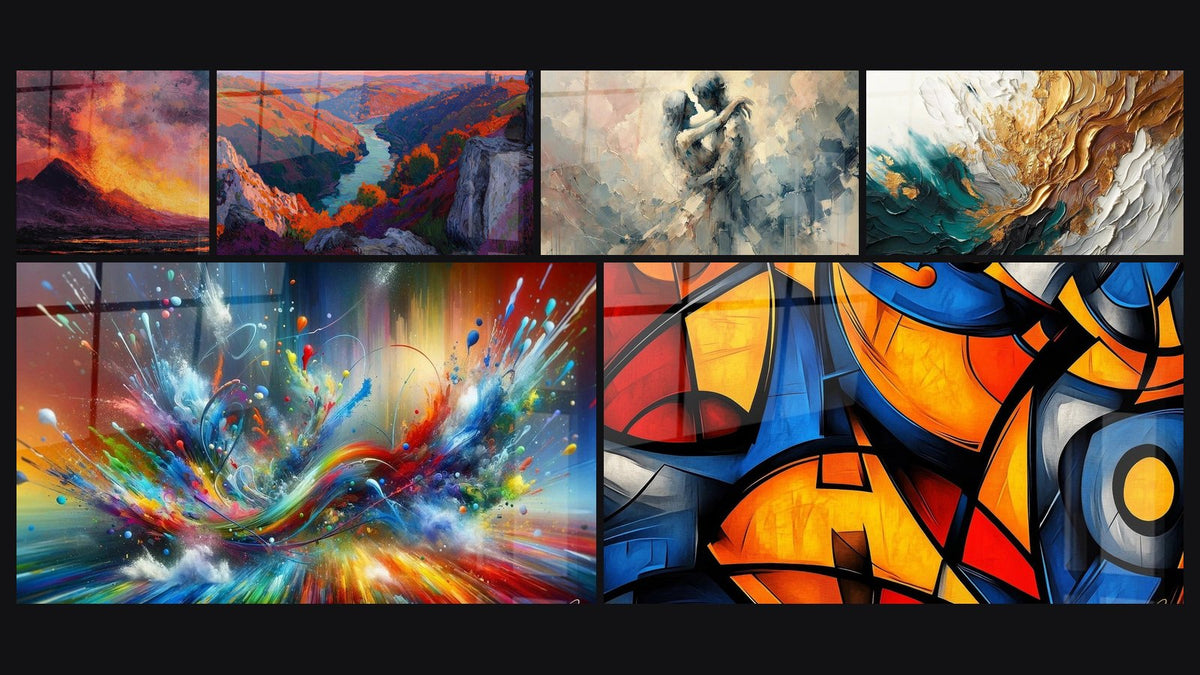Mosaïque de six tableaux, dont Volcan en éruption, Canyon rivière et Entre Nous