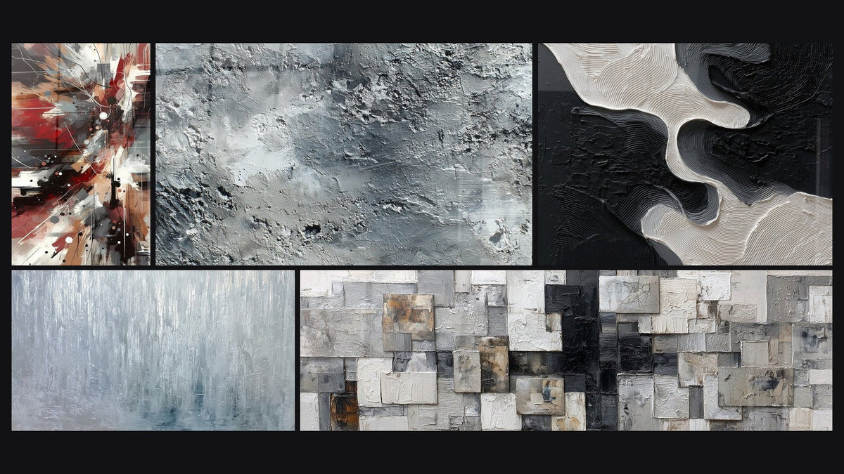 Mosaico de cinco cuadros, entre ellos Ruido Dinámico Explosivo y Abstracto gris plateado texturizado